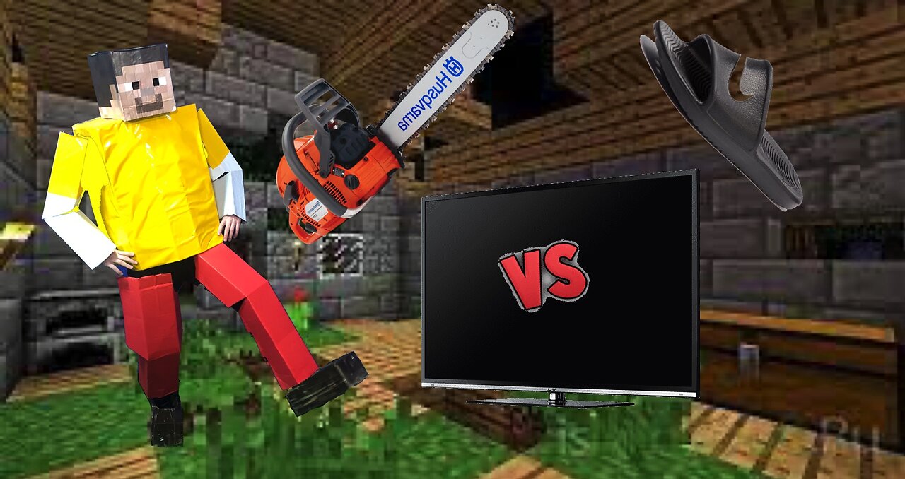 Minecraft. Chainsaw against leg. TV test