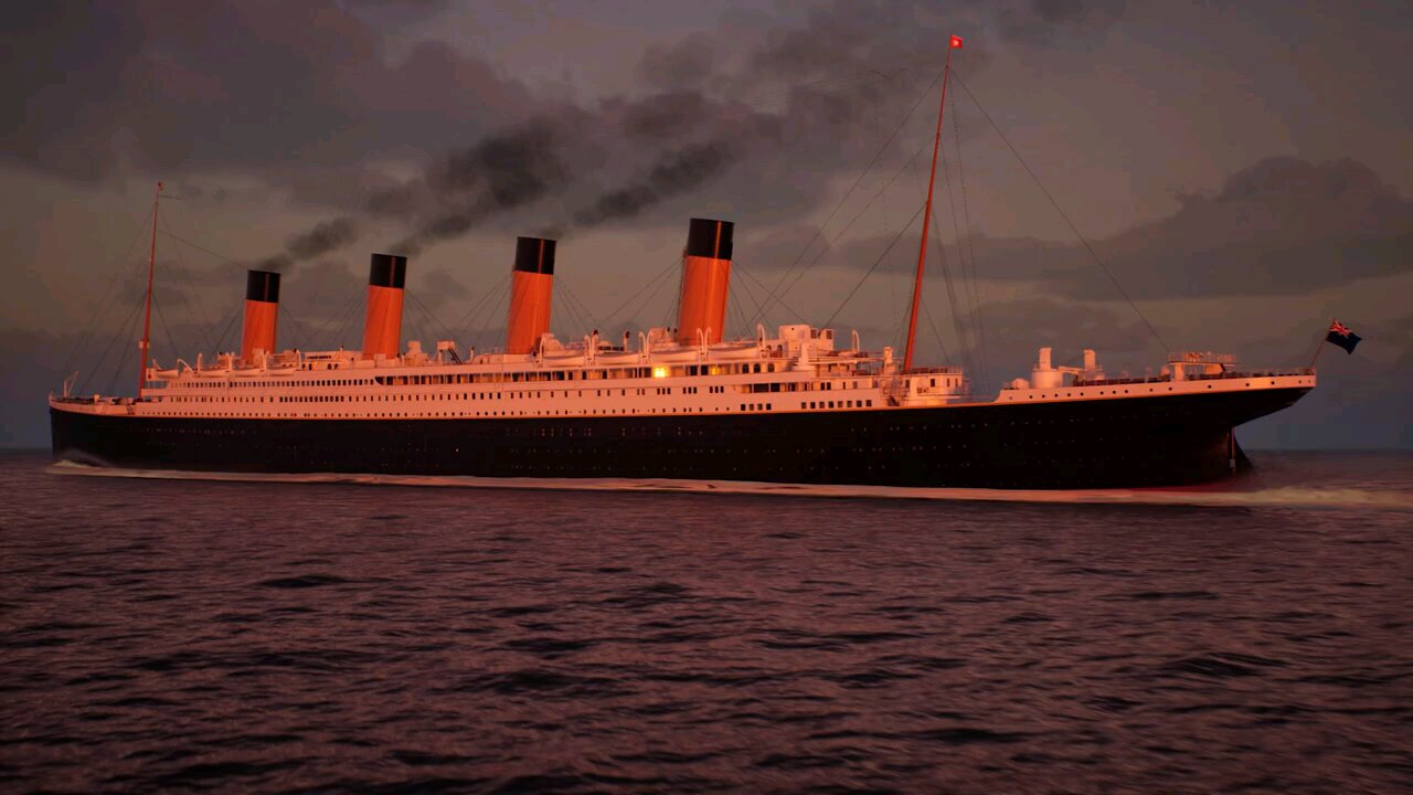 RMS Titanic sailing at sunset