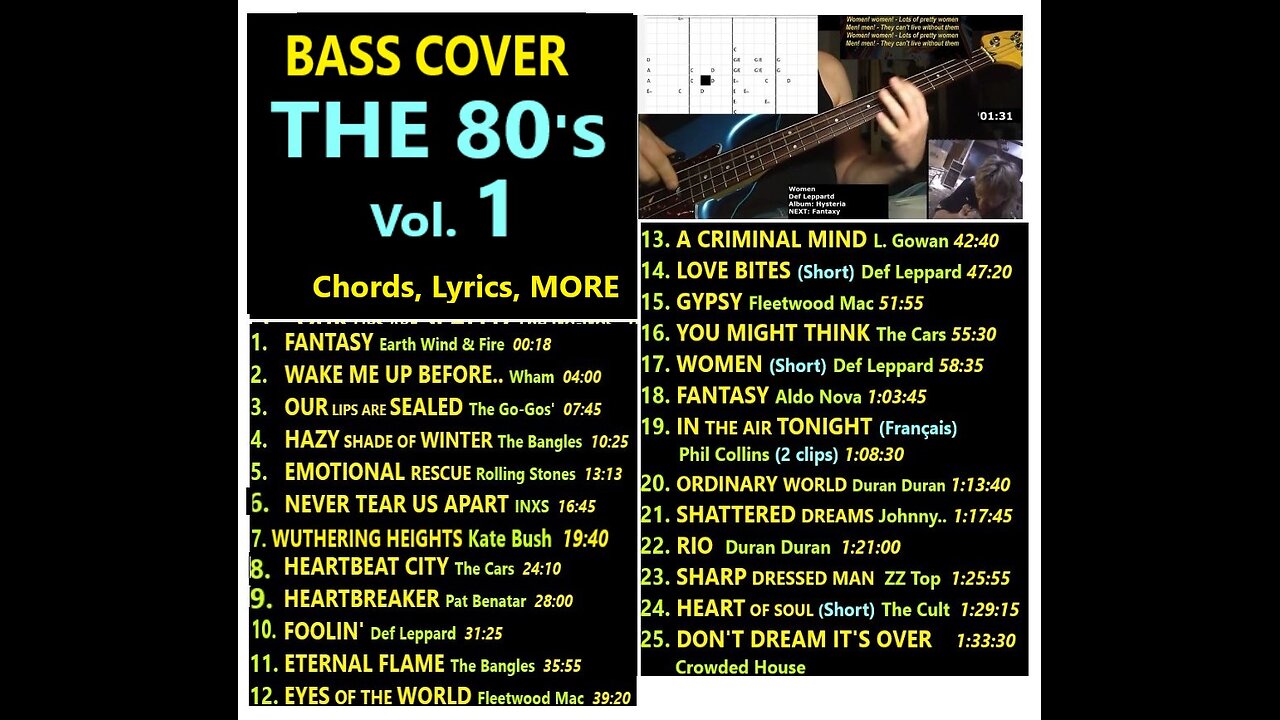Bass cover THE 80's Vol. 1 __ On-screen Chords, Lyrics, MORE