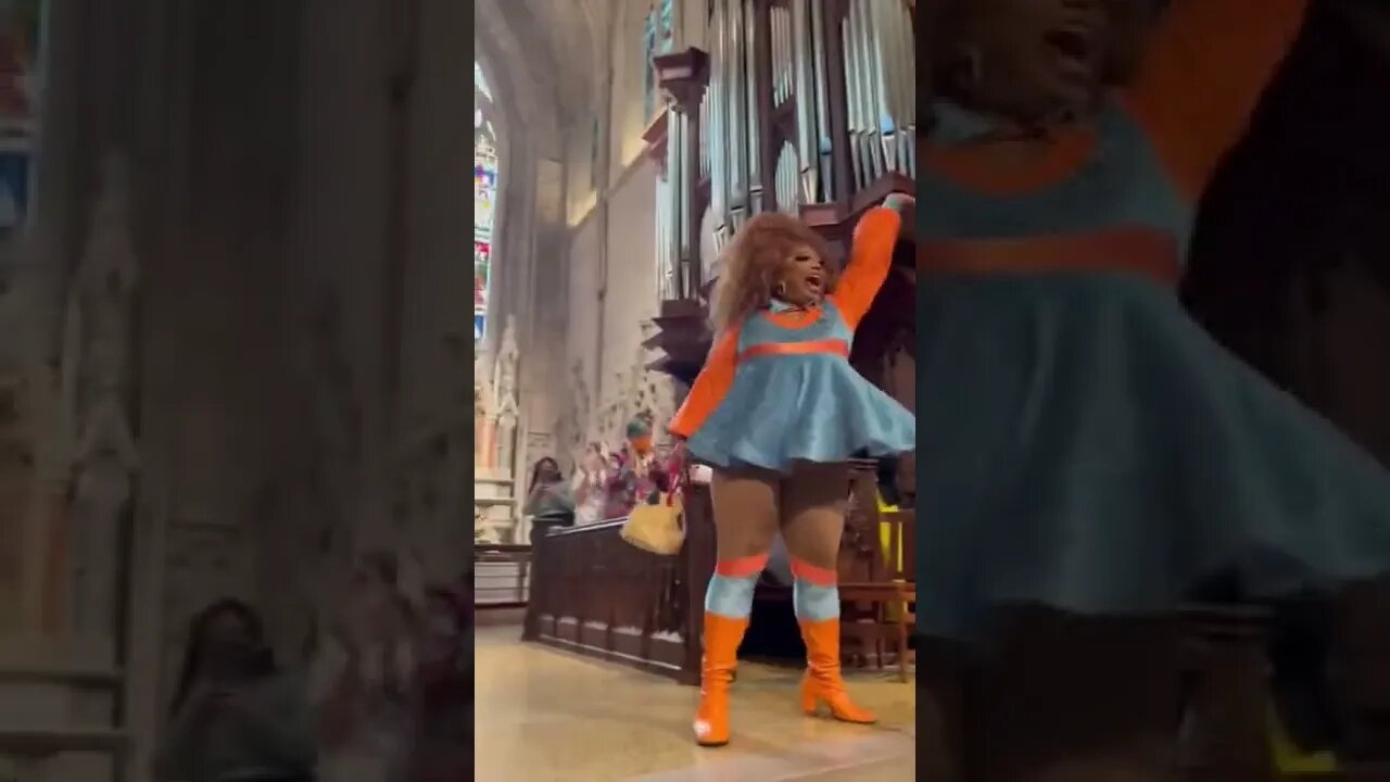 The drag queen was invited by a Catholic Church to do this show. Not one person stood up