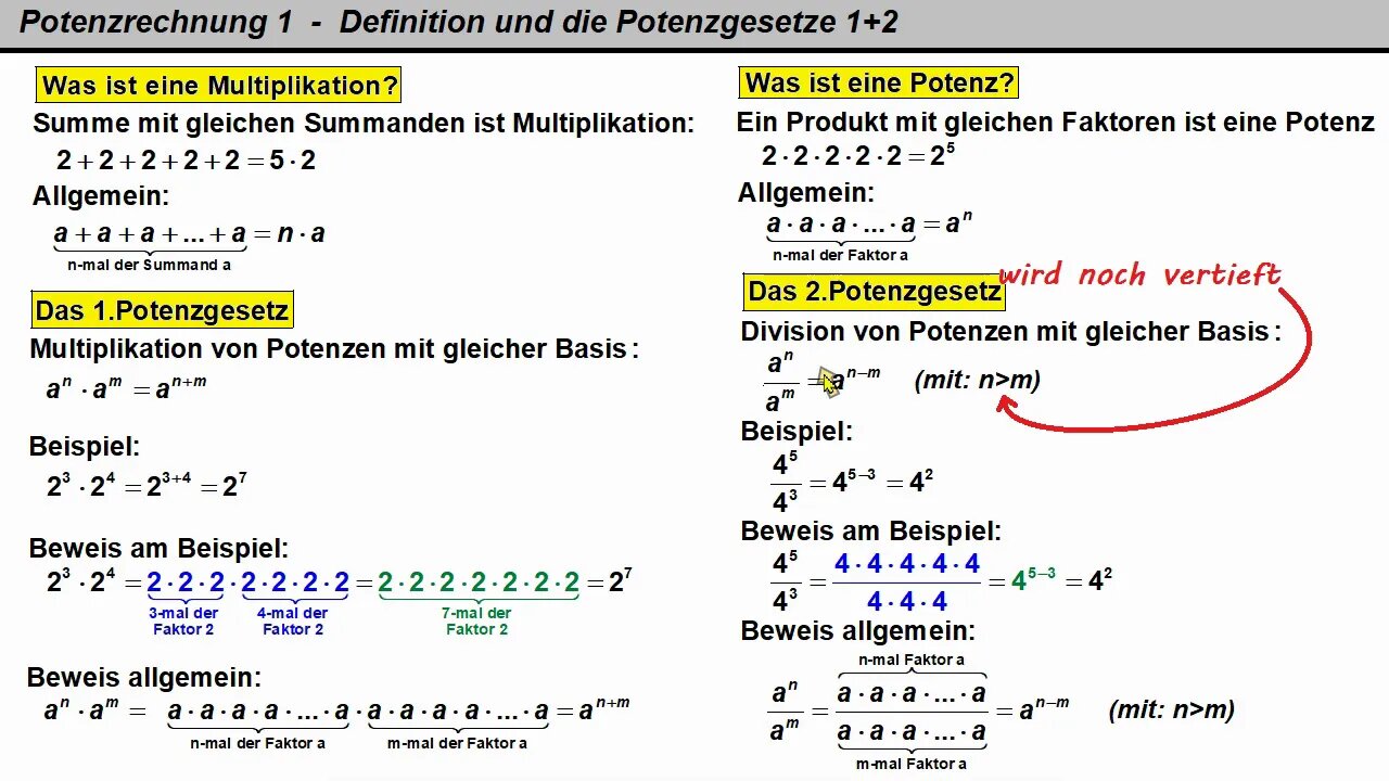 Potenzrechnung 1 ►Definition und zwei Potenzgesetze