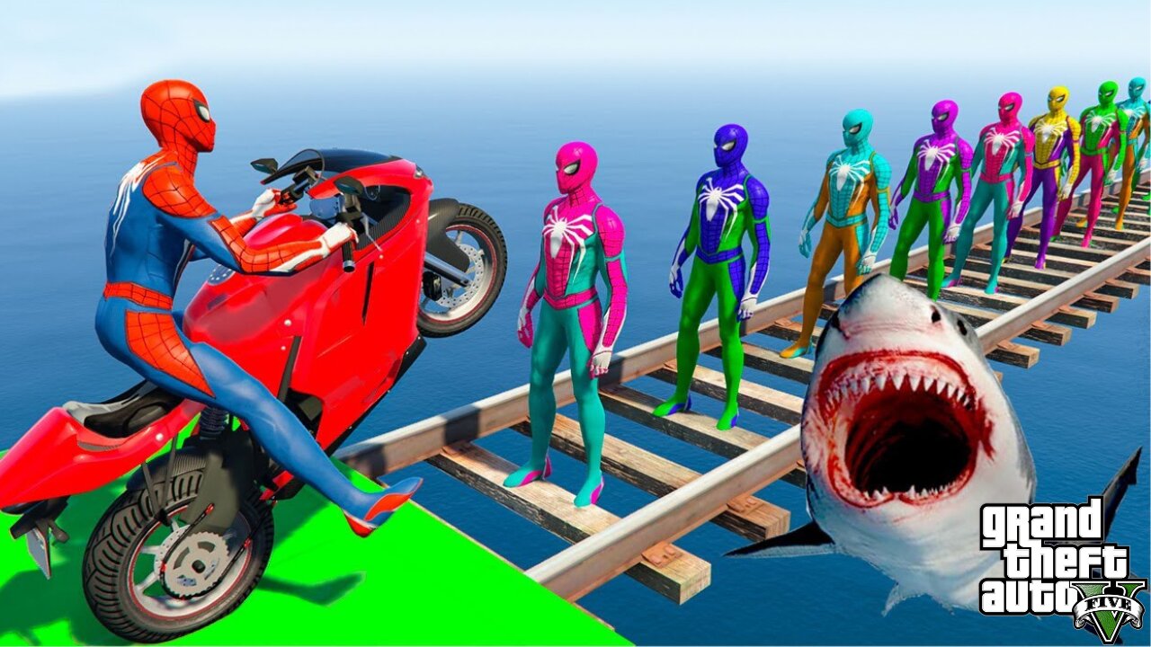 Superheroes on a motorcycle against spiders with sharks GTAV