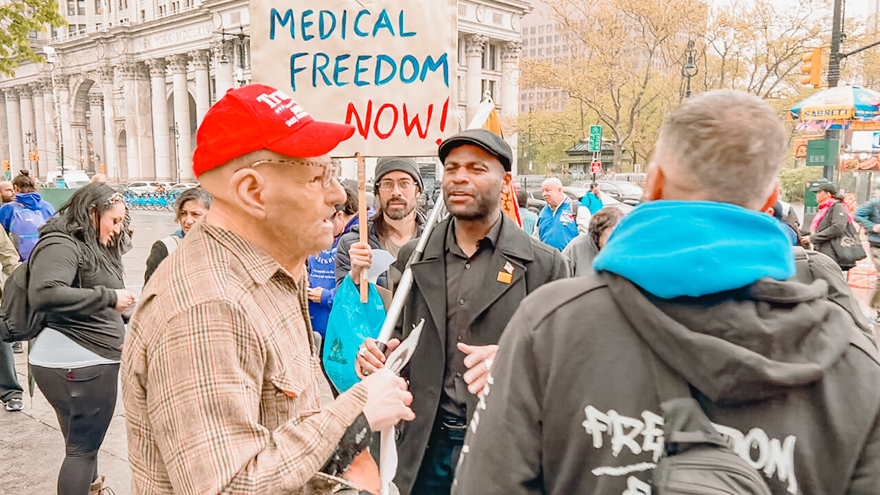 "End All Mandates" Protesters Speak and Counterprotester Trolls at NYC City Hall Event