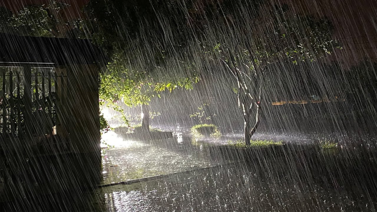 Strong storm in the garden house with lightning and rumbling thunder, rain sounds for sleep