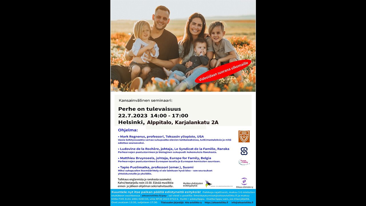 PERHE ON TULEVAISUUS - kansainvälinen seminaari lauantaina 22.7.2023 klo 14.00–17.00