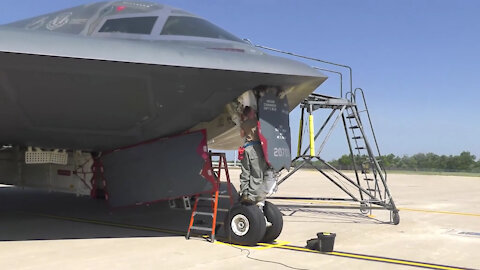 B-2 crew chiefs perform aircraft checks during Global Strike Challenge 2021