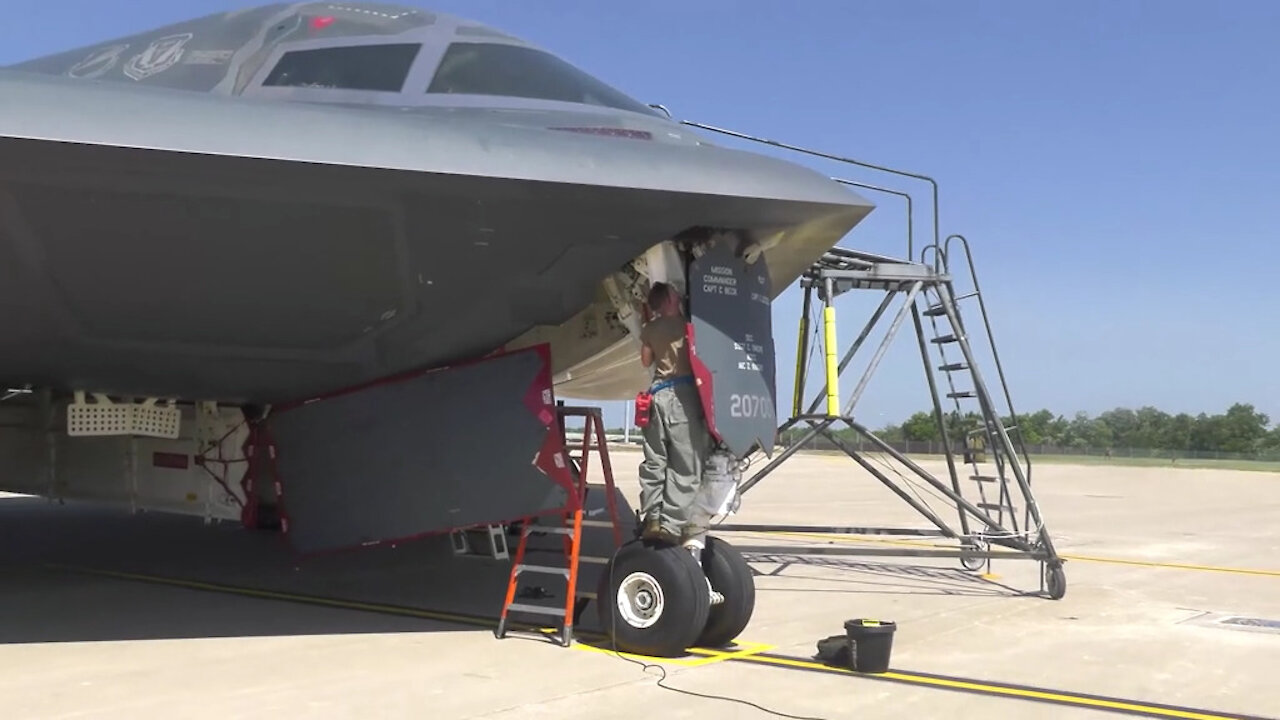 B-2 crew chiefs perform aircraft checks during Global Strike Challenge 2021