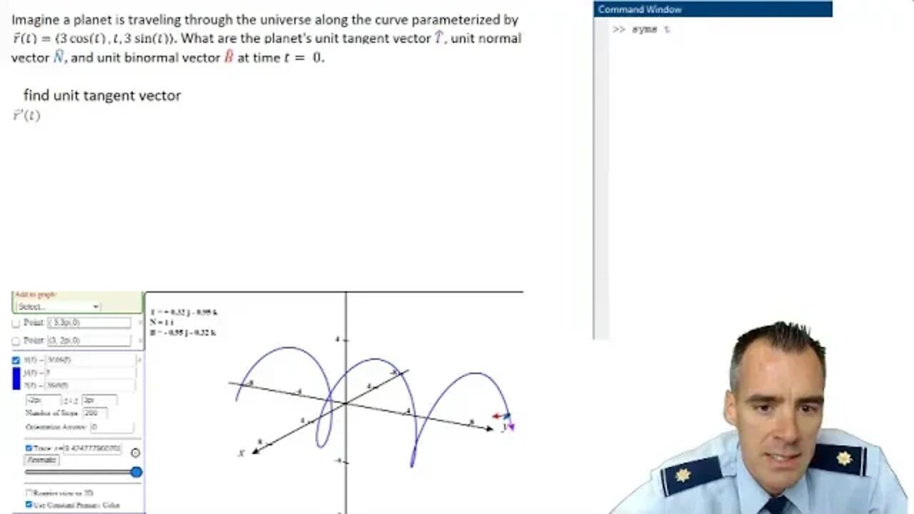 How to find unit tangent, normal and binormal vectors at a given time (worked example)