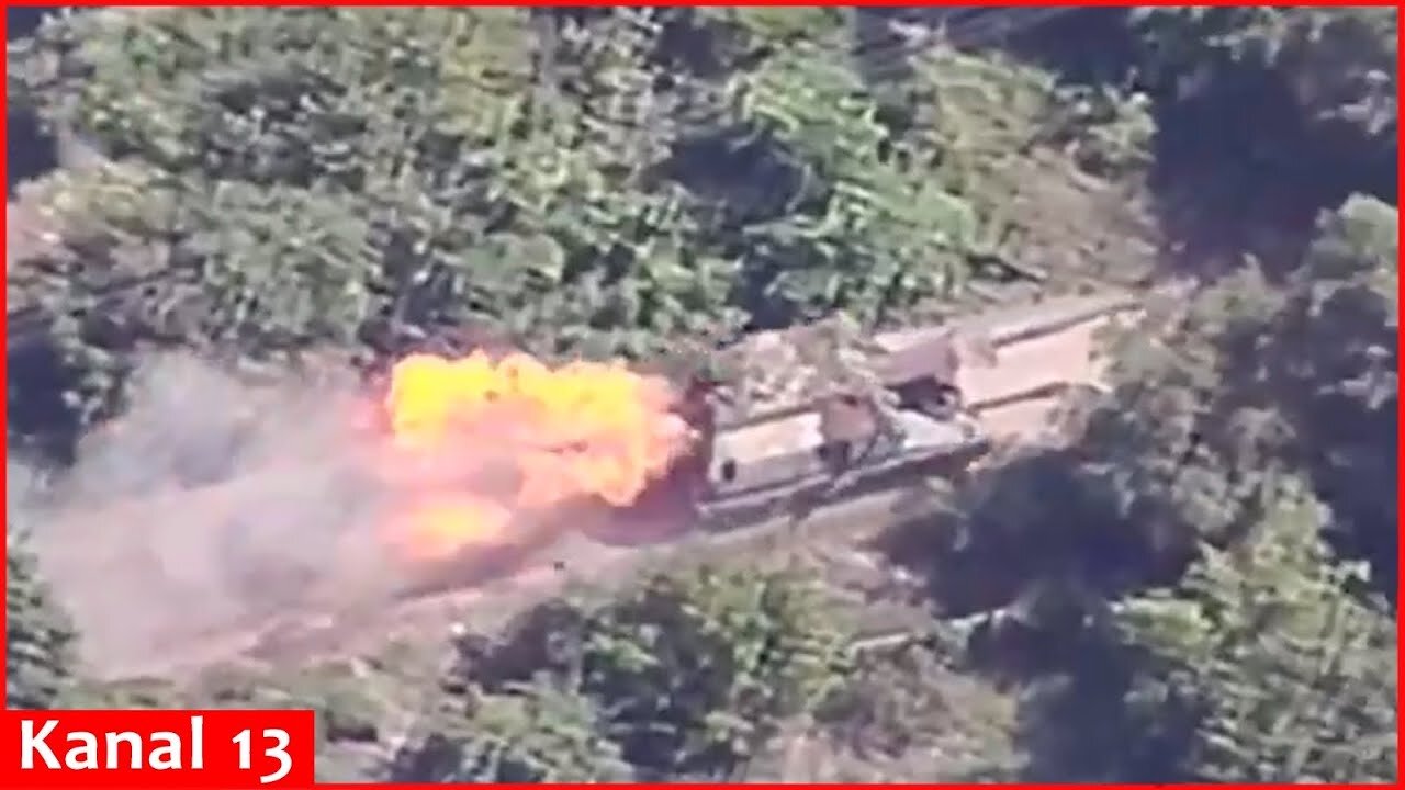 A Russian mobile 2S19 Msta-S artillery unit catches fire after a drone strike