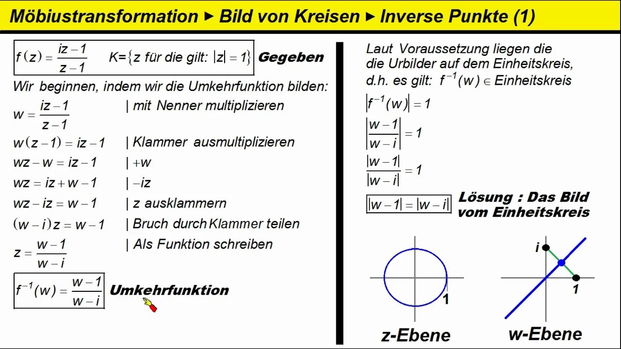 Möbiustransformation ►Bild eines Einheitskreises durch Umkehrfunktion (Überschrift auf Tafel falsch)