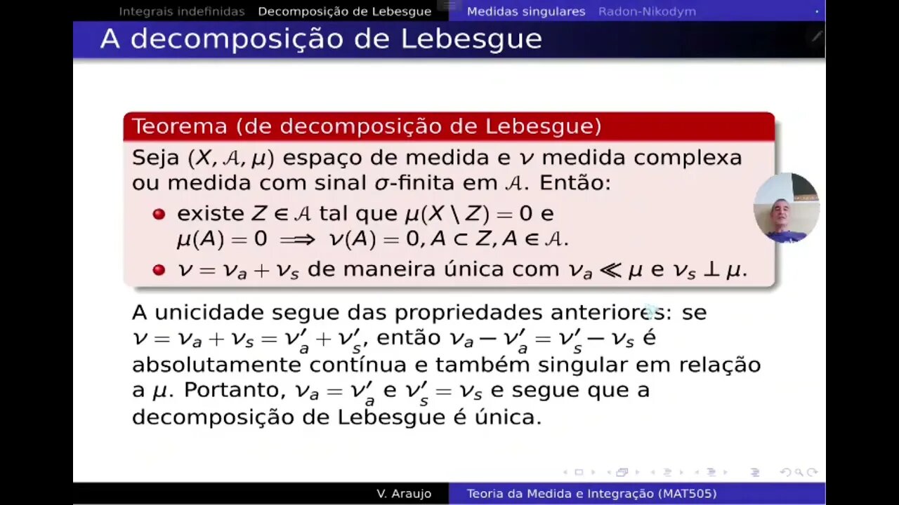 Medida e Integração: Espaços de medidas e o Teorema de Decomposição de Lebesgue.