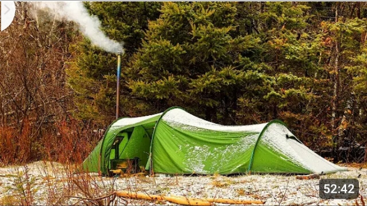 Hot Tent Camping in Heavy Rain and Snow #