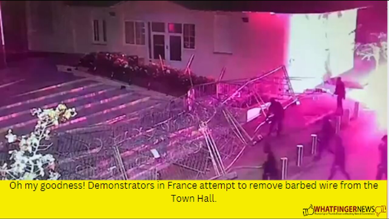 Oh my goodness! Demonstrators in France attempt to remove barbed wire from the Town Hall.