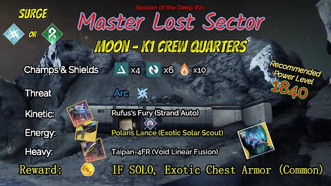 Destiny 2 Master Lost Sector: Moon - K1 Crew Quarters on my Void Hunter 7-29-23