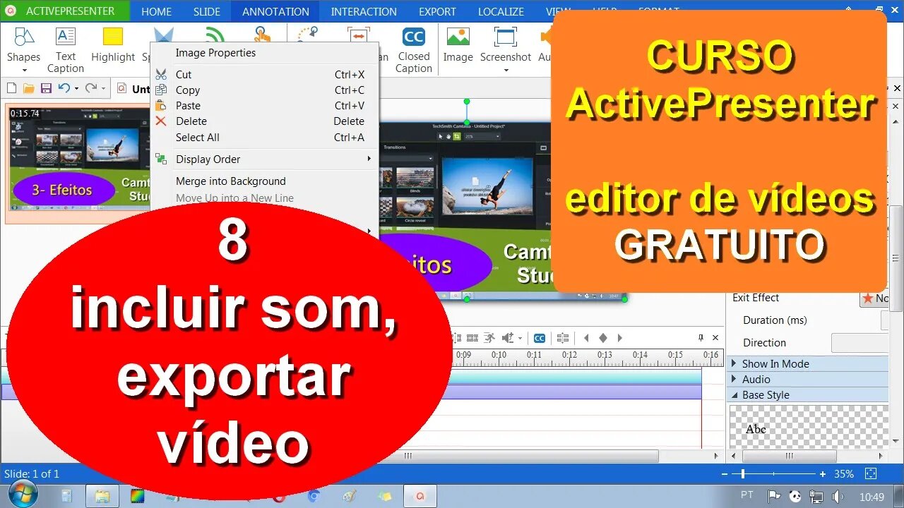 Como Exportar (renderizar) vídeo. Exemplo da criação de arquivo de som a partir de um texto. Aula 8