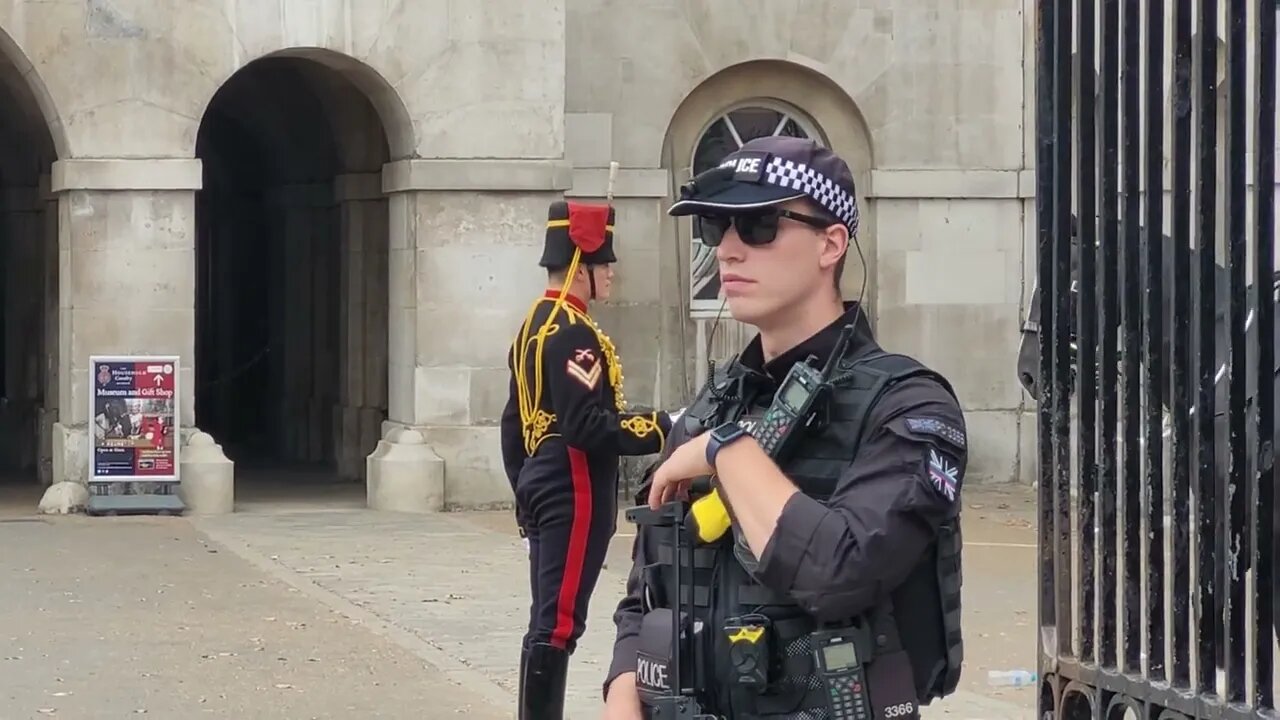 Queen's Guard Shouts make way a at armed police officer #horseguardsparade