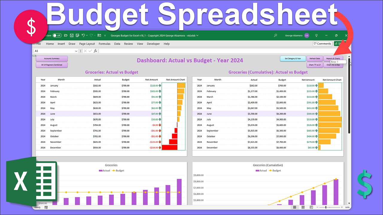 💰Budget Spreadsheet with Categories, Income & Expense Reports, and Checkbook Software