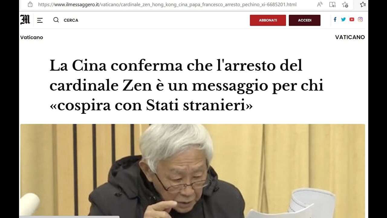 Cardinale Zen, abbandonato dalla chiesa. Ora arrestato!