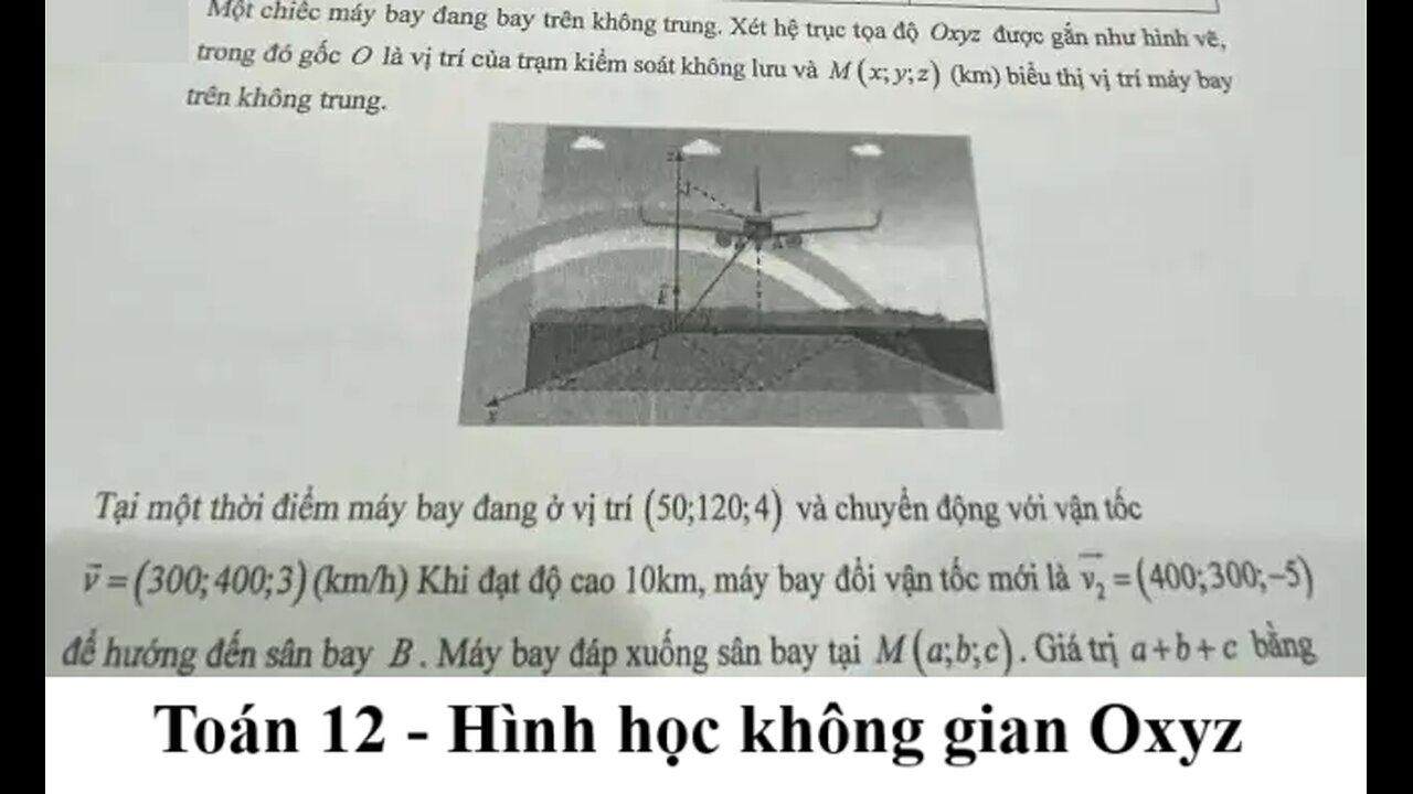 Toán 12: Một chiếc máy bay đang bay trên không trung. Xét hệ trục tọa độ Oxyz được gần như hình vẽ