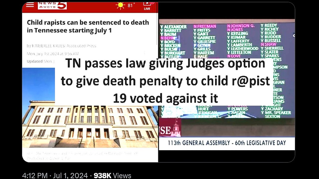 TN law allows judges to assign death penalty for child r@pist, 19 voted against