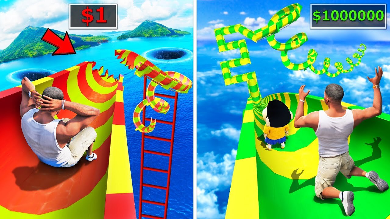 SHINCHAN AND FRANKLIN TRIED $1 VS $1000000000000 WATER SLIDE CHALLENGE