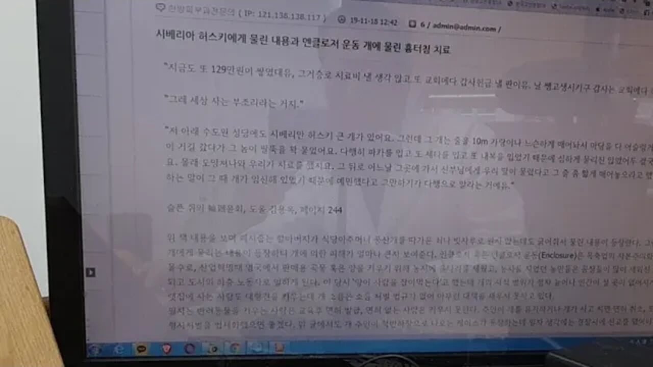 시베리아 허스키 개에 물린 책 엔클로저 운동 반려견 흉터침 치료