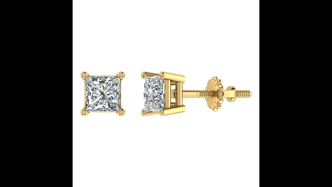 Diamond Earrings for women-girls Princess Cut studs 14K Gold Gift Box Authenticity Cards