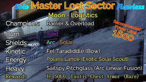 Destiny 2 Master Lost Sector: Moon - K1 Logistics on my Titan Solo-Flawless 11-2-22