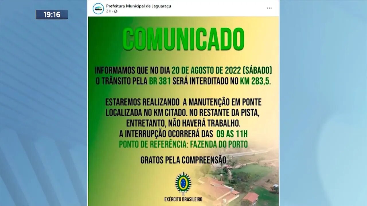 No Sábado: Entre Antônio Dias e Jaguaraçu, BR-381 será interditada para obras.