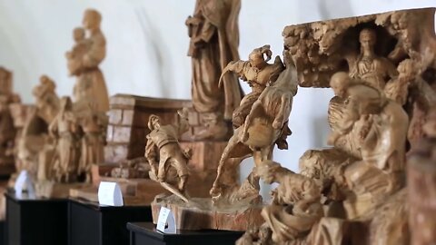 UKRAINE, ZBARAZH, MARCH 25, 2017 Wooden sculptures inside Zbarazh Castle fortified stronghold, bu