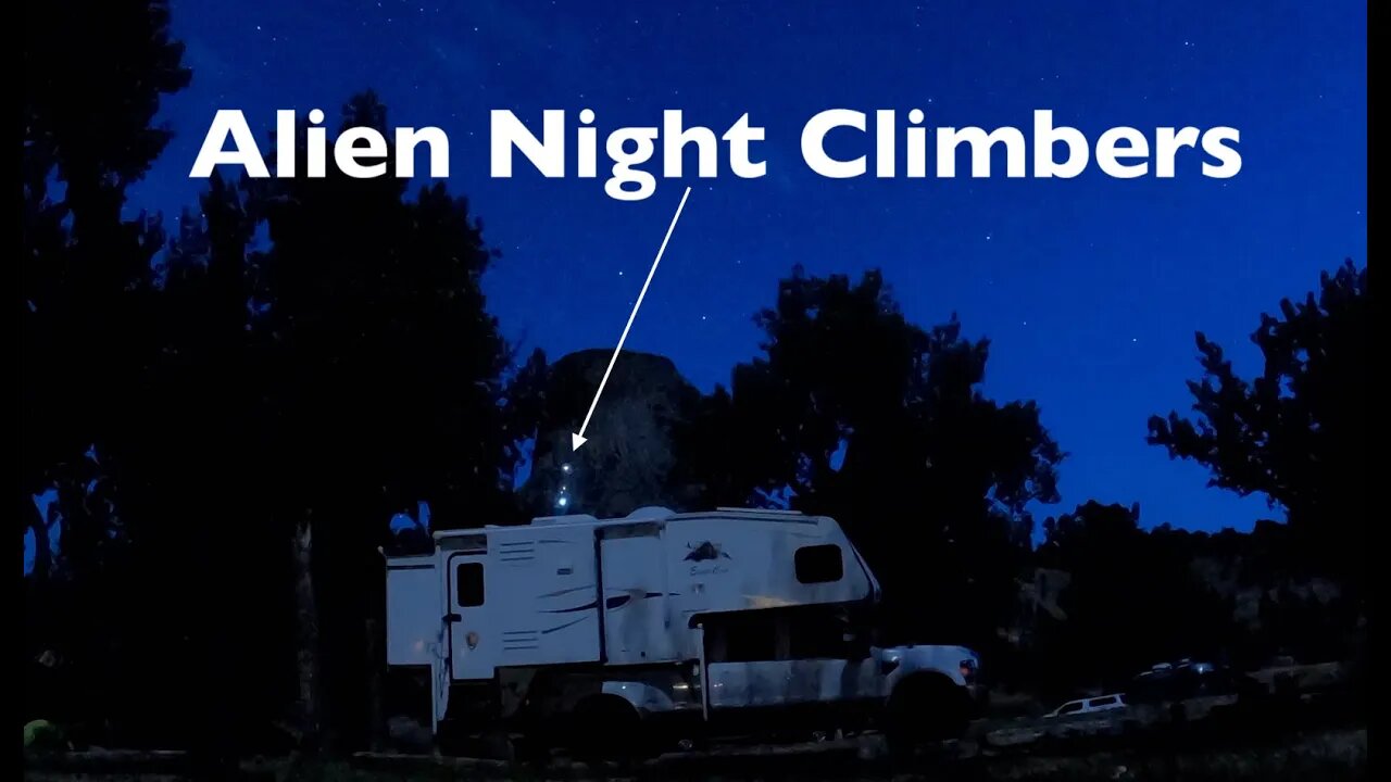 Aliens climb Devils Tower in a Night Lapse video Richard Dreyfuss seen in area.