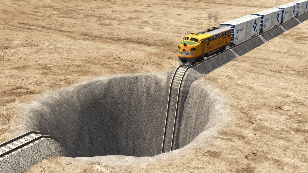 Trains vs Giant Pit – BeamNG.Drive