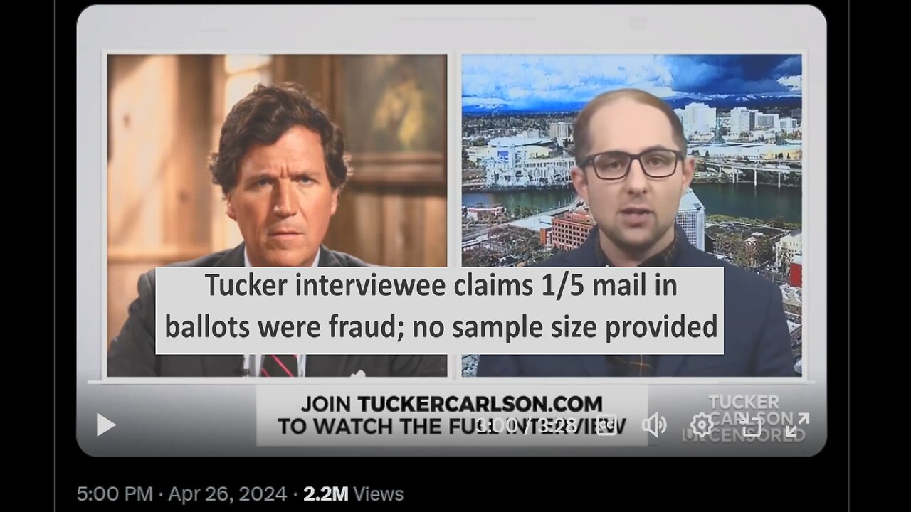 Tucker interviewee claims 1/5 mail in ballots were fraud; no sample size provided