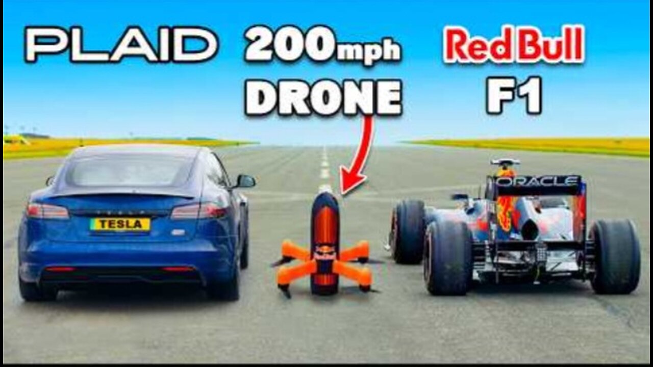 Tesla S Plaid v 200mph F1 Drone DRAG RACE