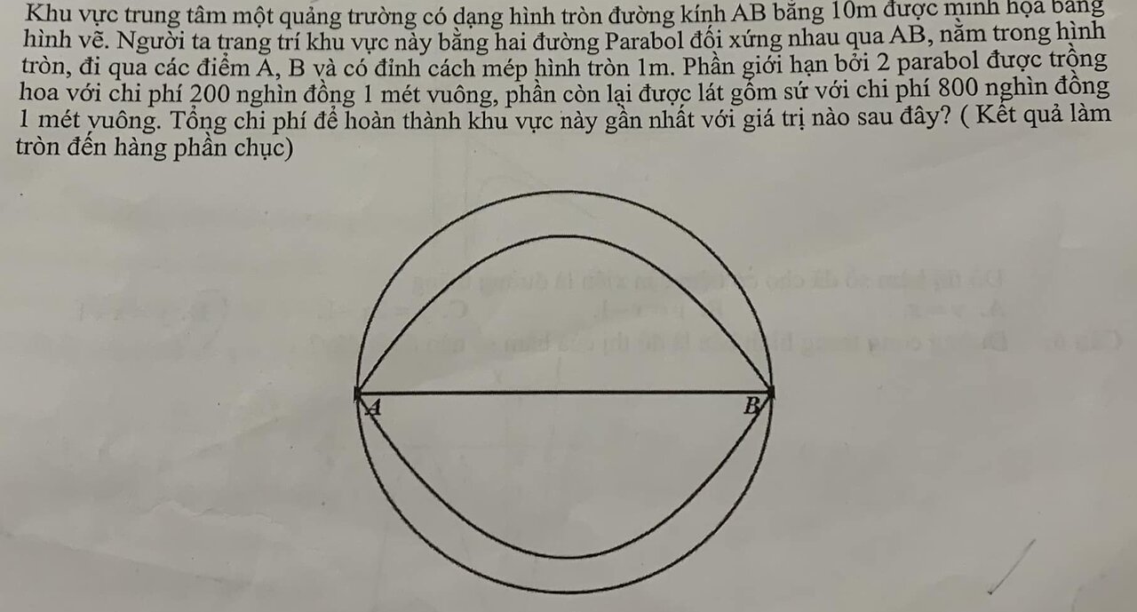 Toán 12: Khu vực trung tâm một quảng trường có dạng hình tròn đường kính AB bằng 10m được minh họa