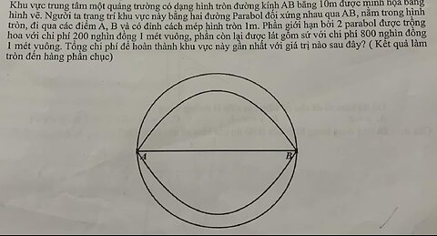 Toán 12: Khu vực trung tâm một quảng trường có dạng hình tròn đường kính AB bằng 10m được minh họa