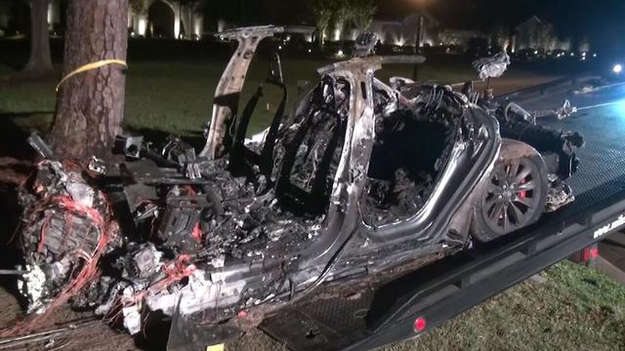 TWO DEAD IN SELF-DRIVING TESLA CRASH AFTER HITTING TREE 🚗🌴🔥 BURSTING INTO FLAMES