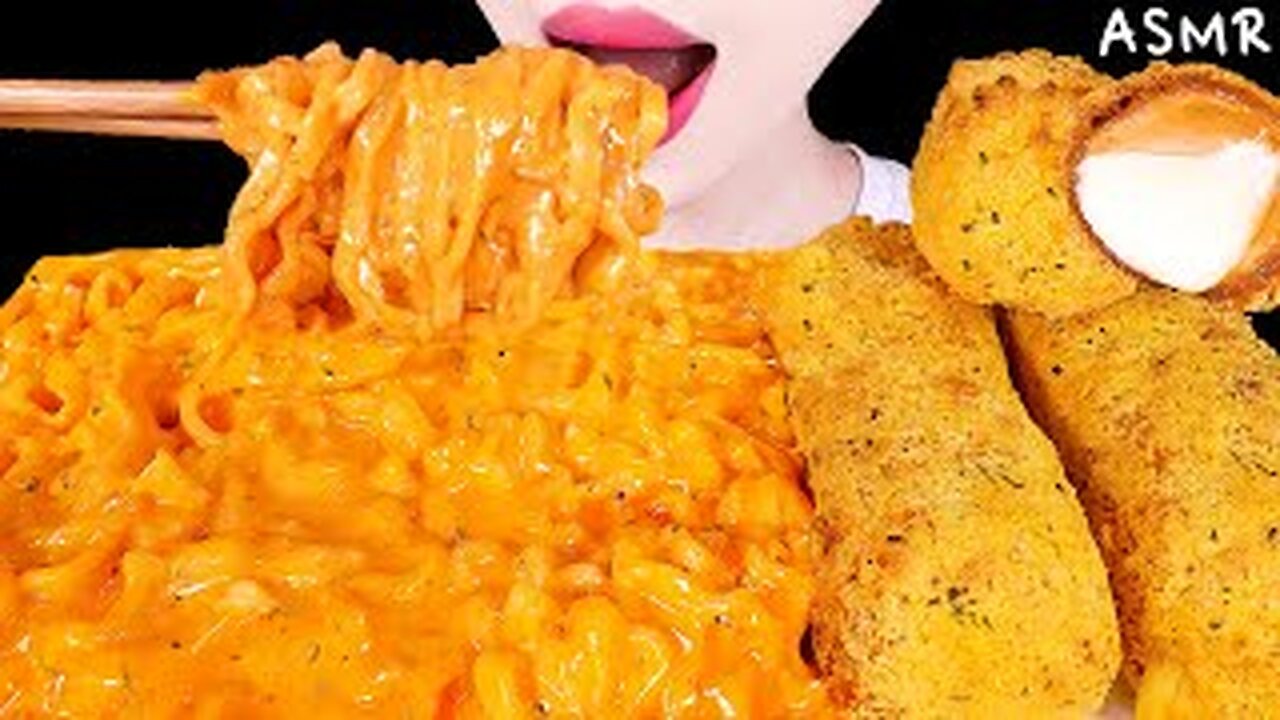 ASMR GIANT CHEESE STICKS, CHEESY CARBO FIRE NOODLES COOKING & EATING SOUNDS MUKBANG