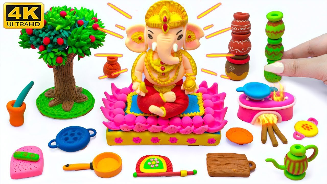 DIY Polymer Clay Miniature Cutest Ganpati with Kitchen set Mitti Ki Bal Ganesha Murti