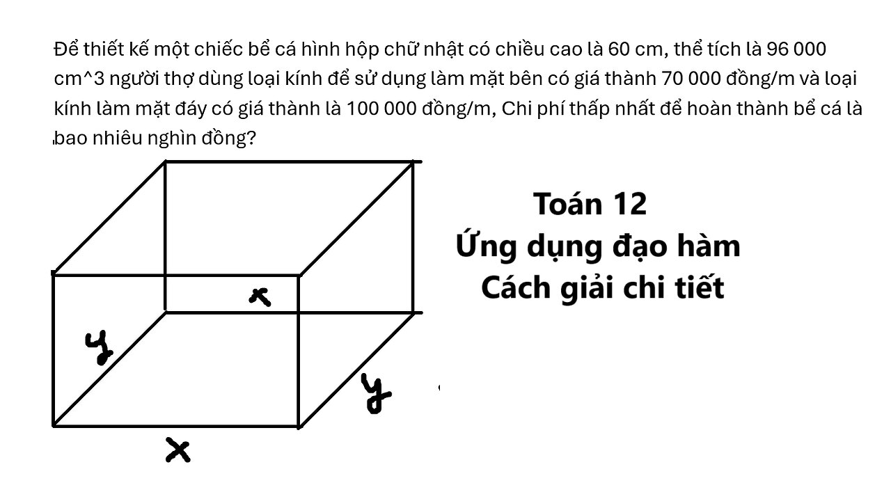 Toán 12: Để thiết kế một chiếc bể cá hình hộp chữ nhật có chiều cao là 60 cm, thể tích là