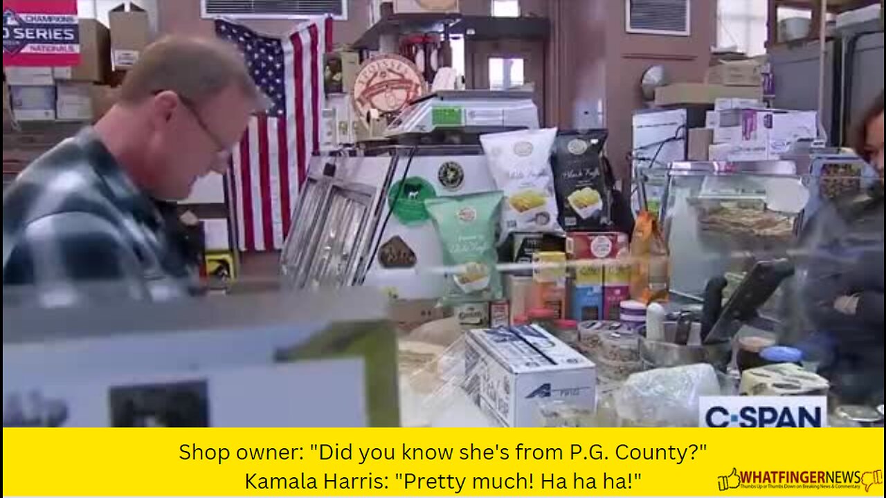 Shop owner: "Did you know she's from P.G. County?" Kamala Harris: "Pretty much! Ha ha ha!"