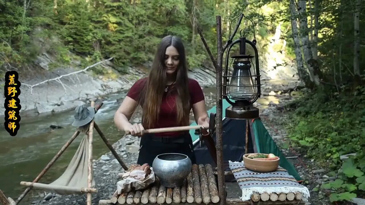 18-- Camping in the forest. The tent was set up on the river. It was much more comfortable.