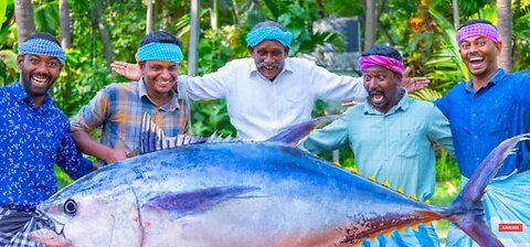 200 Pounds BIG TUNA FISH | Tuna Fish Cutting and Cooking in Village | Tuna Fish Steak Recipe