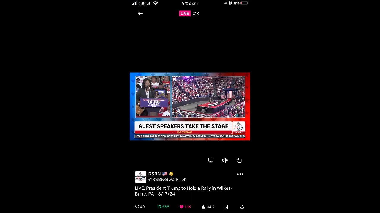 Trump rally now on RSBN on rumble and X 17/08/2024