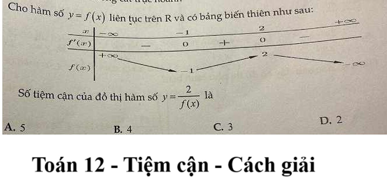 Toán 12: Tiệm cận: Cho hàm số y=f(x) liên tục trên R và có bảng biến thiên