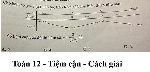 Toán 12: Tiệm cận: Cho hàm số y=f(x) liên tục trên R và có bảng biến thiên