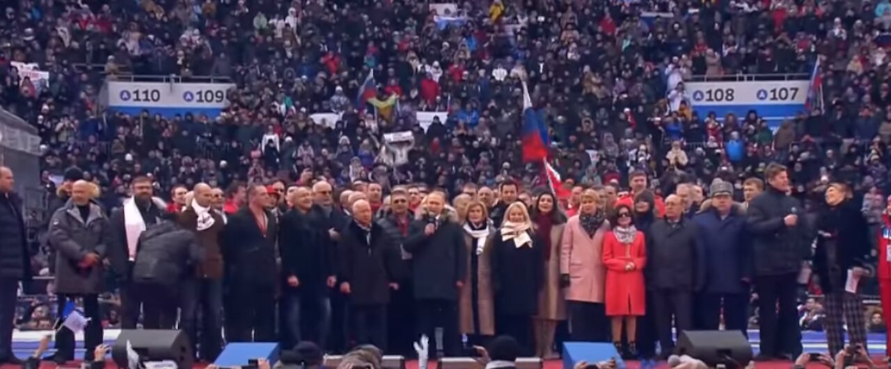 Putinův projev na shromáždění v Lužnikách. Ruská hymna