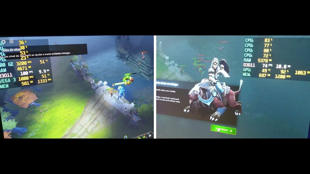 Athlon 200GE + VEGA 3 (esquerda) VS A12 8870 + RADEON R7 (direita), Dota 2 Full HD competitivo.