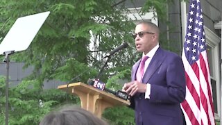 Before he left the stage he took a parting shot at Governor Gretchen Whitmer.