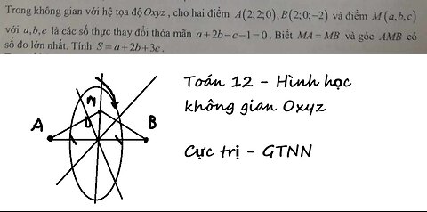 Toán 12 Trong không gian với hệ tọa độ Oxyz, cho hai điểm A(2;2;0)b(2;0;-2) và điểm M(a,b,c)